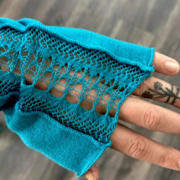 Vtg Cache Silk Cashmere Long Sleeve Shirt Blue Sheer Lace Velvet Blouse Medium - Picture 8 of 9